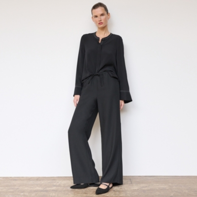 Drawstring Waist Crepe Wide Leg Trousers