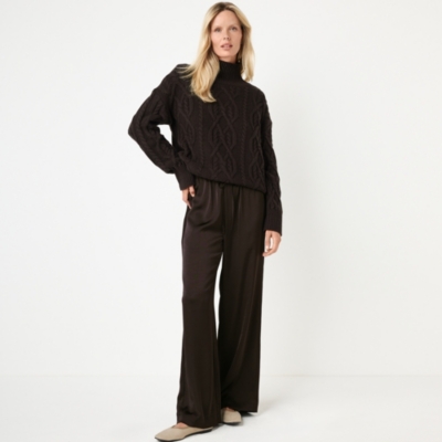 Drawstring Waist Double Satin Wide Leg Pants