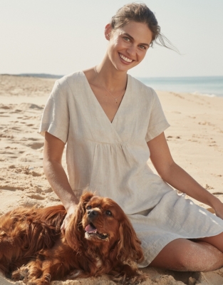 white linen v neck dress