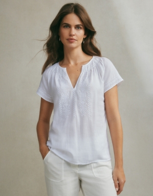 Embroidered Organic Cotton Short Sleeve Blouse Tops Blouses