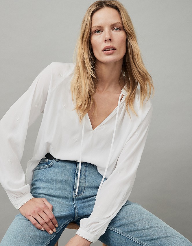Embroidered Tie-Neck Blouse | Clothing Sale | The White Company UK
