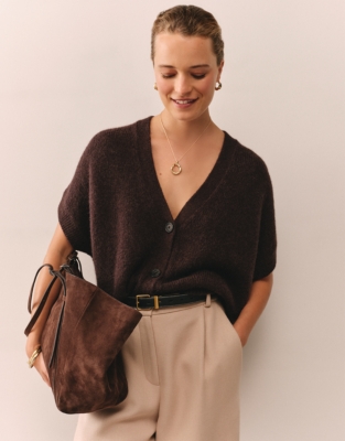Extended Shoulder Cardigan with Alpaca - Dark Chocolate
