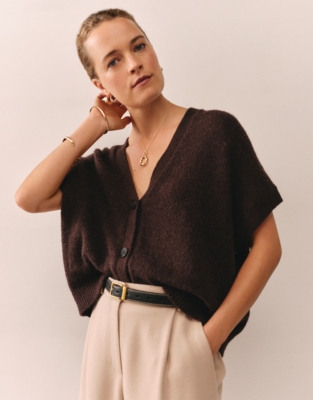 Extended Shoulder Cardigan with Alpaca - Dark Chocolate