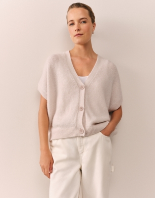 Extended Shoulder Cardigan with Alpaca - Shell Pink