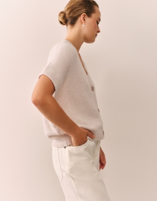 Extended Shoulder Cardigan with Alpaca - Shell Pink