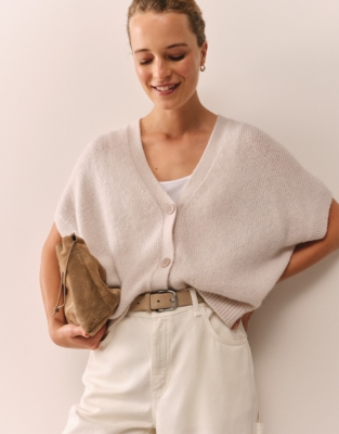 Extended Shoulder Cardigan with Alpaca - Shell Pink