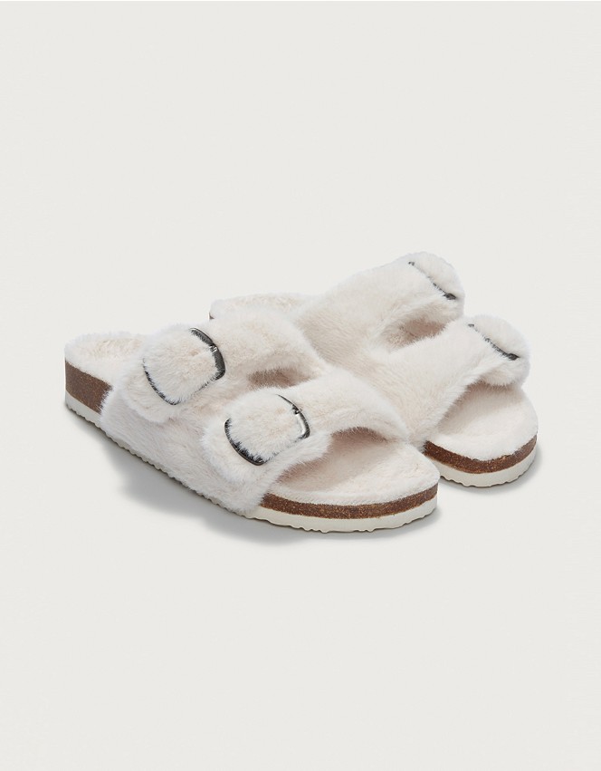 Faux-Fur Buckle Cork Slider Slippers - The White Company
