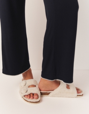 Faux Fur Buckle Cork Slider Slippers