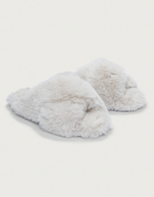 White fluffy discount cross over slippers