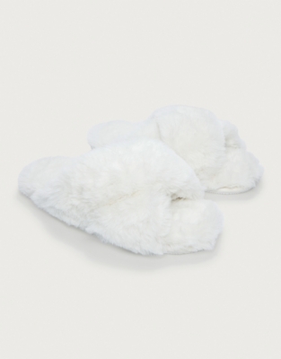 White company faux fur cross sale slider slippers