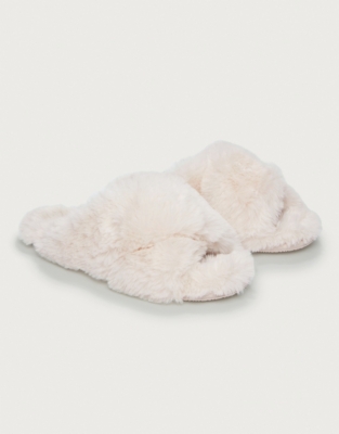 Faux-Fur Cross Slider Slippers