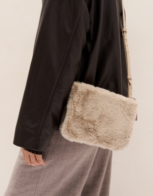 Faux Fur Double Zip Pouch Crossbody Bag