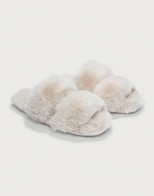 White company faux fur cross sale slider slippers