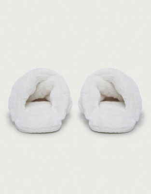 White company faux fur cross best sale slider slippers