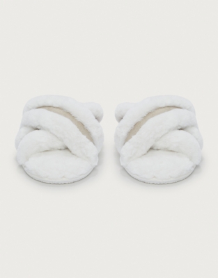 Faux Fur Trim Cross Slider Slippers | Sleepwear Sale | The White Company US