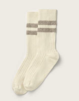 Fine Ribbed Wool Stripped Socks - Birch