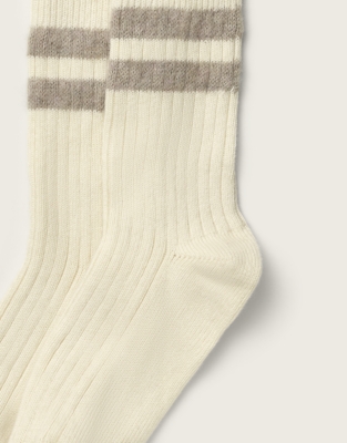 Fine Ribbed Wool Stripped Socks - Birch