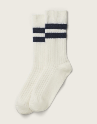 Fine Ribbed Wool Stripped Socks - White/Navy