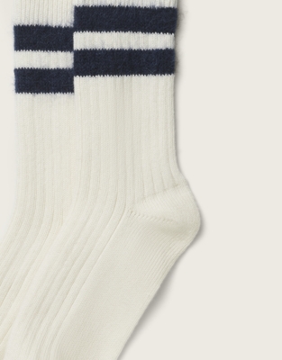 Fine Ribbed Wool Stripped Socks - White/Navy