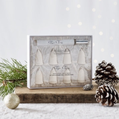 Fir Tree Ceramic Bells With Spray Set of 8 View All Candles & Fragrance The White Company UK