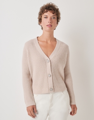 Fluffy Ribbed Cardigan with Diamante Buttons