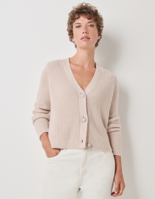 Fluffy Ribbed Cardigan with Diamante Buttons