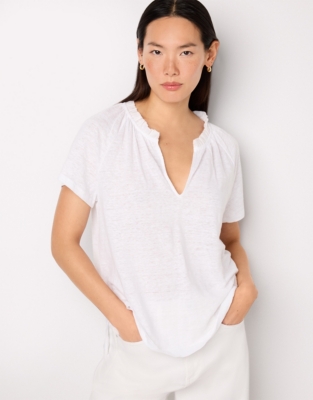 Frill Detail Jersey Linen Blouse - White