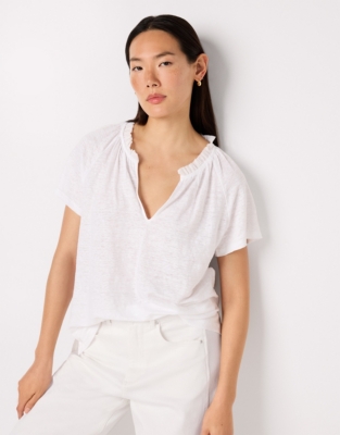 Frill Detail Jersey Linen Blouse - White