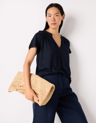 Frill Detail Jersey Linen Blouse - Ink