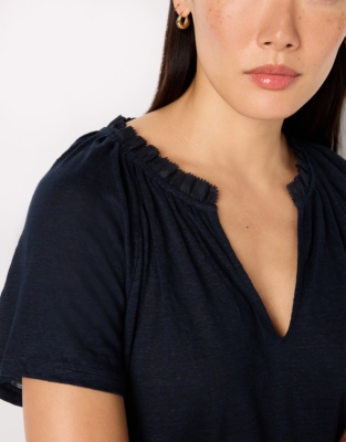 Frill Detail Jersey Linen Blouse - Ink
