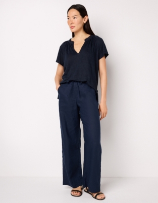 Frill Detail Jersey Linen Blouse - Ink