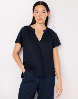 Frill Detail Jersey Linen Blouse - Ink