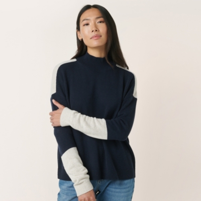 Funnel Neck Colour Block Jumper with Cashmere