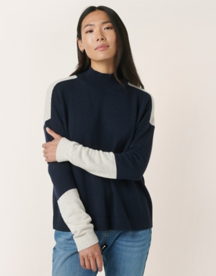 Funnel Neck Colour Block Jumper with Cashmere