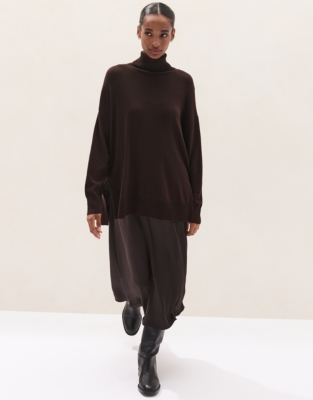Funnel Neck Mixed Media Knitted Dress with Cashmere