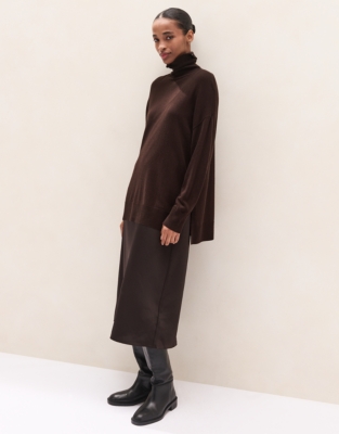 Funnel Neck Mixed Media Knitted Dress with Cashmere