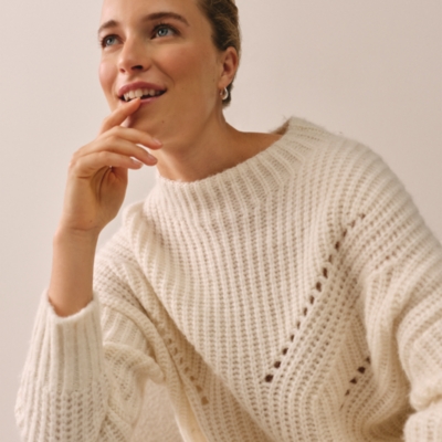 Funnel Neck Pointelle Ribbed Detail Jumper with Alpaca