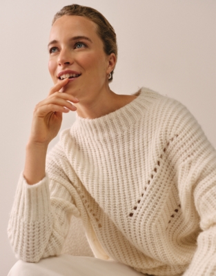 Funnel Neck Pointelle Ribbed Detail Jumper with Alpaca