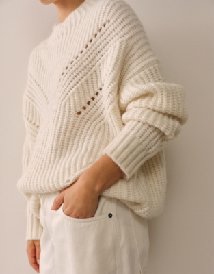 Funnel Neck Pointelle Ribbed Detail Jumper with Alpaca