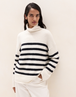 Funnel-Neck Stripe Jumper with Alpaca 