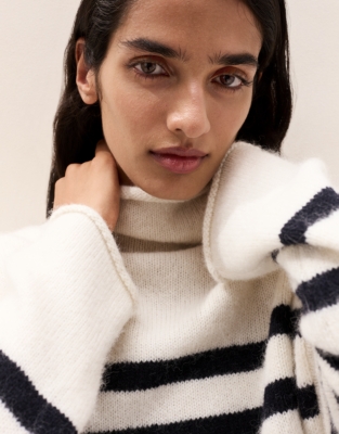 Funnel-Neck Stripe Jumper with Alpaca 