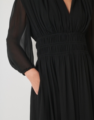 Gathered Blouson Sleeve Midi Dress