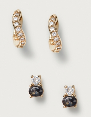 Gold Plated Cubic Zirconia Jet Stone Earrings – Set of 2