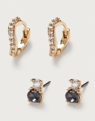 Gold Plated Cubic Zirconia Jet Stone Earrings – Set of 2