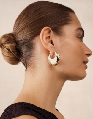 Gold Plated Hammered Statement Hoop Earrings