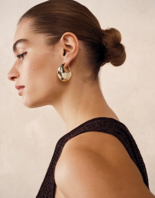 Gold Plated Hammered Statement Hoop Earrings