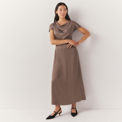 Hammered Satin Cowl Neck Midi Dress