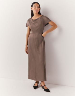 Hammered Satin Cowl Neck Midi Dress