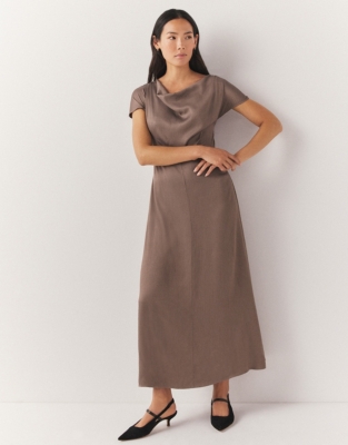 Hammered Satin Cowl Neck Midi Dress