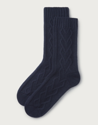 Heart Cable Bed Socks with Cashmere - Navy